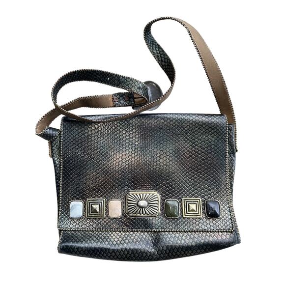 1992 Nina Arjani Leather 12x10" Shoulder Bag Cross Body Metallic Gold Snakeskin - Picture 1 of 16